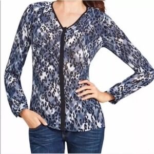 Cabi #977 Fatale Blue Black Animal Print Sheer Top‎ Blouse Shirt Sz Large Career